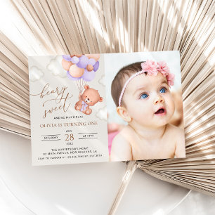 Invitation Ours De Bébé, Ballons Violets, Premier Anniversair