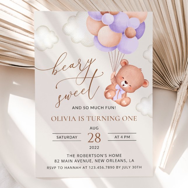 Invitation Ours De Bébé, Ballons Violets, Premier Anniversair (Créateur téléchargé)