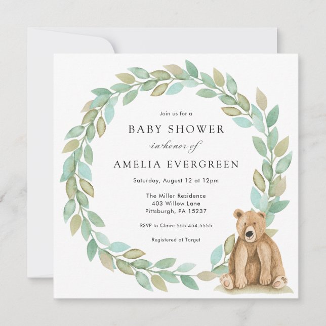 Invitation Ours de bois avec Baby shower de couronne de feuil (Devant)