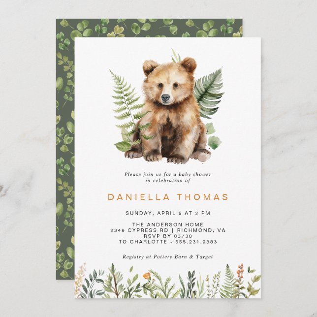 Invitation Ours de bois | Baby shower moderne neutre (Devant / Derrière)