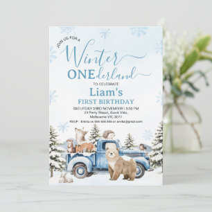 Invitation Ours de camion bleu rustique hiver Onederland Anni