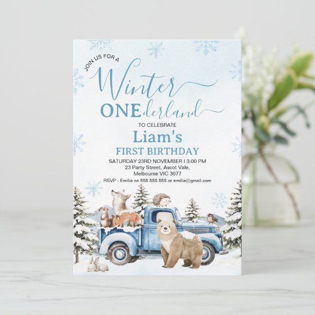 Invitation Ours de camion bleu rustique hiver Onederland Anni (Debout devant)