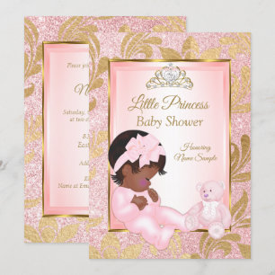Invitation Ours de fête de bébé en or paillettes roses ethniq