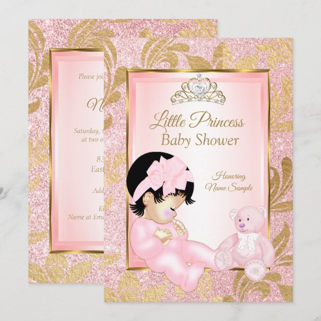 Invitation Ours de fête de bébé rose pailleté or (Devant / Derrière)