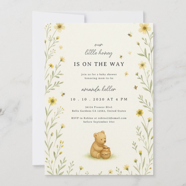 Invitation Ours de miel Floral Baby Anniversaire (Devant)