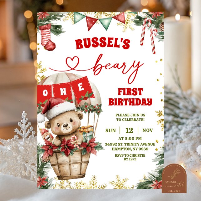Invitation Ours de Noël Montgolfière Premier Anniversaire (Créateur téléchargé)