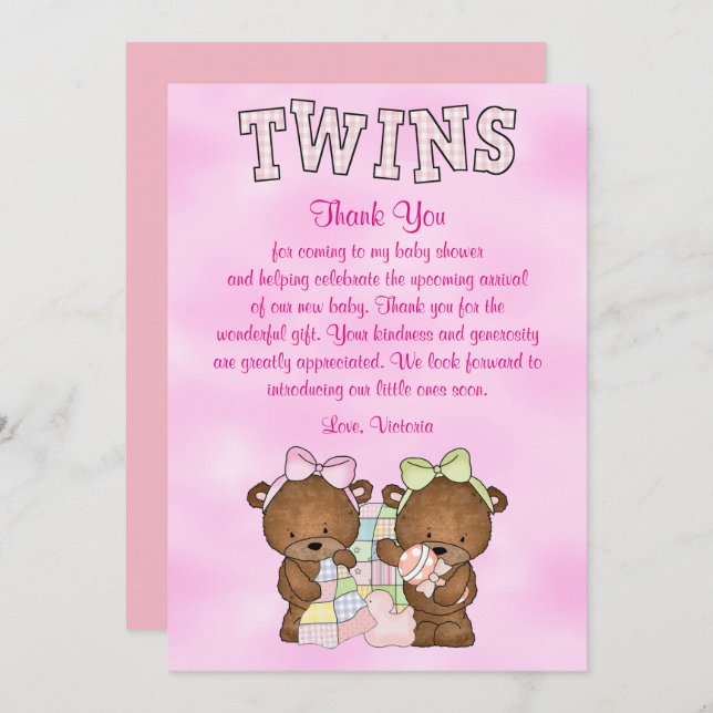 Invitation Ours de nounours jumel de filles de baby shower (Devant / Derrière)