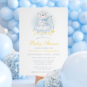 Invitation Ours De Pêche Sur Nuages Aquarelle Baby shower Gar