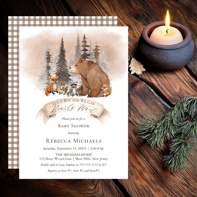 Invitation Ours des bois |Animaux Baby shower Bearly Wait Boy (Rustic Bear and Woodland Animals "Bearly Wait" Boy Baby Shower Invitation - Print | Digital)