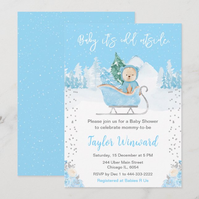 Invitation Ours d'hiver bleu traîneau Baby Shower (Devant / Derrière)