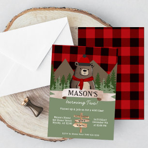 Invitation Ours d'hiver Plaid de Buffalo Rouge Anniversaire