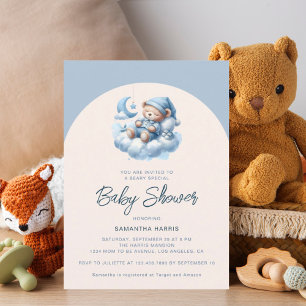 Invitation Ours dormant sur le baby shower bleu nuage