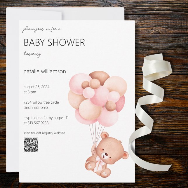Invitation Ours doux avec ballons Baby shower QR Code (Also available without QR code. )