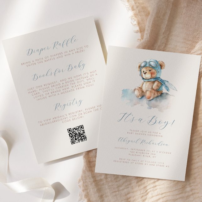 Invitation Ours en aquarelle bleue Code QR Fête bébé garçon (Créateur téléchargé)