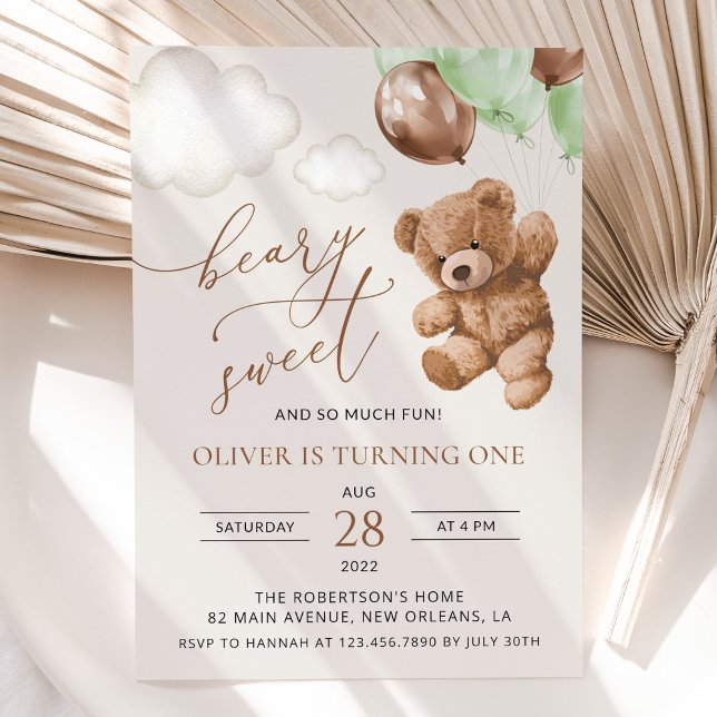Invitation Ours En Conflit, Ballons Verts, Premier Anniversai (Créateur téléchargé)