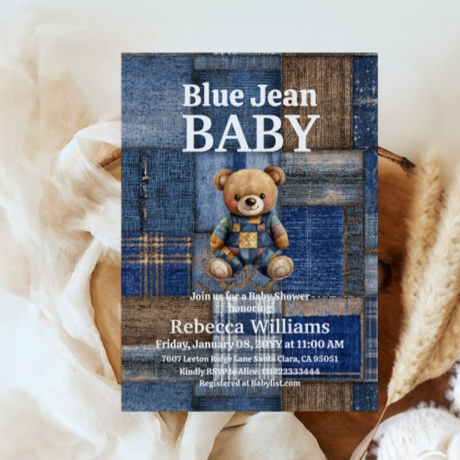 Invitation Ours en denim patchwork jouet bleu pour Baby Showe (Créateur téléchargé)