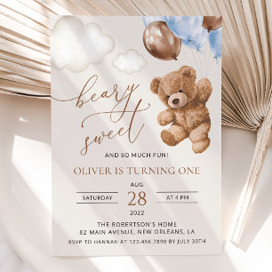 Invitation Ours En Joue, Ballons Bleus, Premier Anniversaire