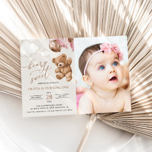 Invitation Ours En Joue, Ballons Roses, Premier Anniversaire