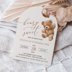 Invitation Ours En Joue, Ballons Roses, Premier Anniversaire