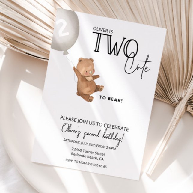 Invitation Ours en peluche 2e anniversaire DEUX mignons à por (Teddy Bear Inviation, TWO CUTE TO BEAR birthday invitation)