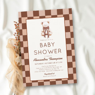 Invitation Ours en peluche à carreaux marron pour la baby sho