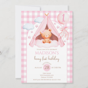 Invitation Ours en peluche à carreaux roses Ballon Fille 1er 