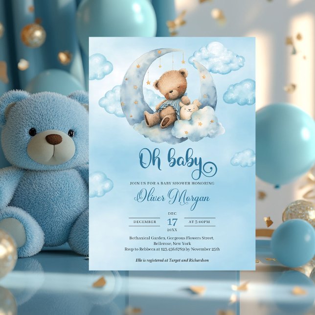 Invitation Ours en peluche à l'aquarelle mignon dormant au-de (oh baby - boy baby shower invitation with teddy bear)