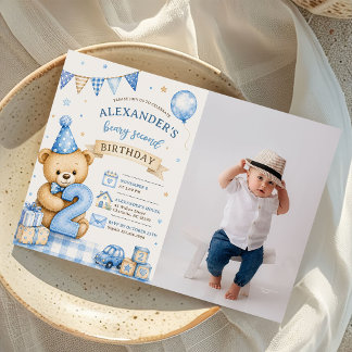 Invitation Ours en peluche à noeud bleu pour deux ans photo