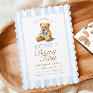 Invitation Ours en peluche à rayures bleues pour 1er annivers