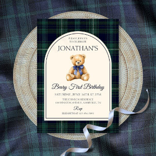 Invitation Ours en peluche à ruban bleu tartan Anniversaire