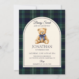 Invitation Ours en peluche à ruban bleu tartan Anniversaire