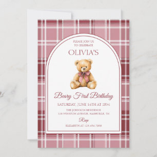 Invitation Ours en peluche à ruban rose Tartan Anniversaire