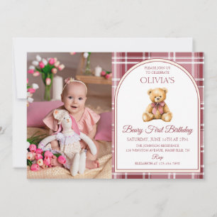 Invitation Ours en peluche à ruban rose tartan photo annivers