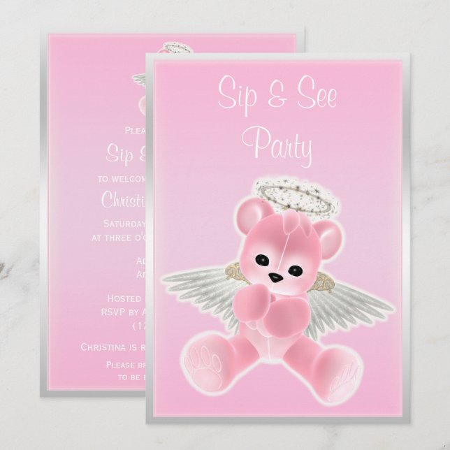Invitation Ours en peluche ange rose Sip & See (Devant / Derrière)