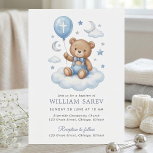 Invitation Ours en peluche aquarelle Baptême Lune et Étoiles 