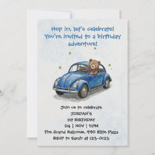 Invitation Ours en peluche aquarelle garçon bleu conduisant u