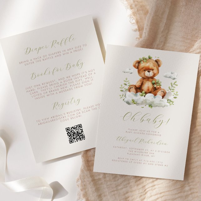 Invitation Ours en peluche au eucalyptus vert Code QR Baby Sh (Créateur téléchargé)