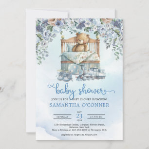 Invitation Ours en peluche aux fleurs bleues et beiges poussi
