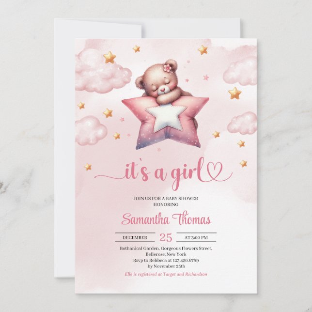Invitation Ours en peluche avec baby shower coussin étoilé (Devant)