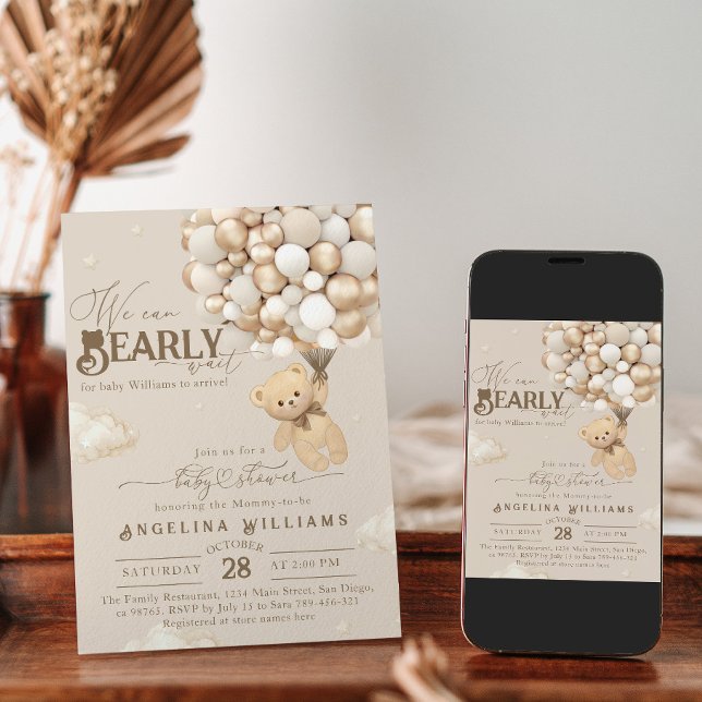 Invitation Ours en peluche avec ballons Baby shower neutre (Créateur téléchargé)