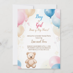 Invitation Ours en peluche avec ballons Baby shower Révélatio