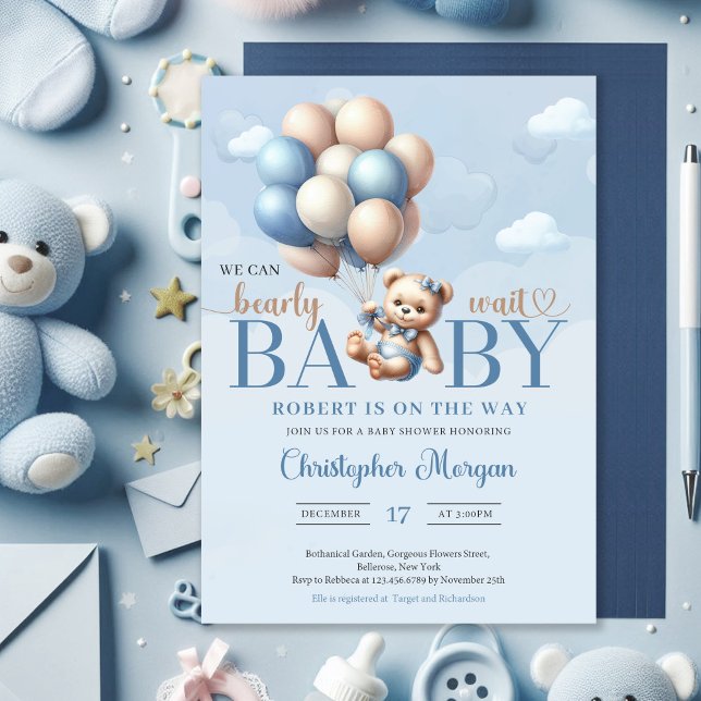 Invitation Ours en peluche avec ballons descendant du ciel (We can bearly wait - boy baby shower invitation teddy bear blue and brown balloons)