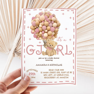 Invitation Ours en peluche avec ballons rose Baby Shower fill