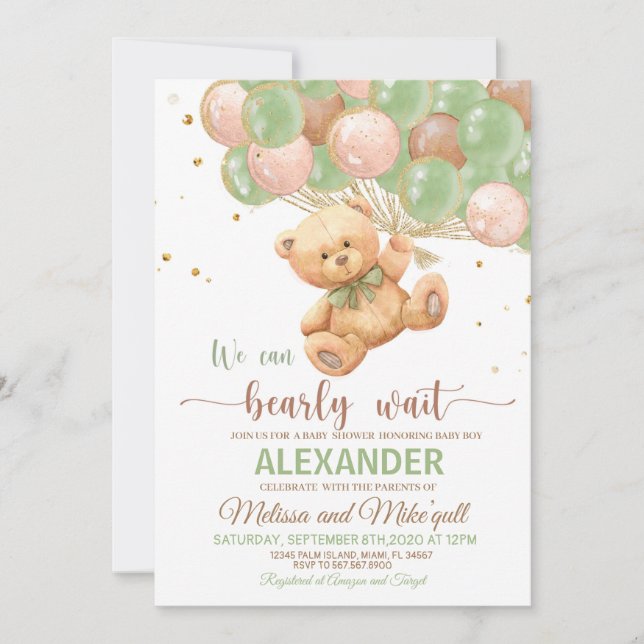 Invitation Ours en peluche Baby shower avec ballons Ours en p (Devant)