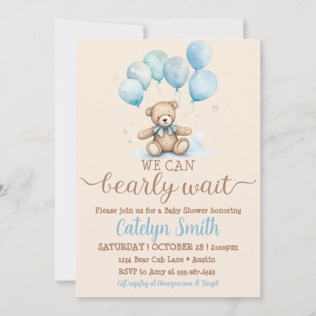 Invitation Ours en peluche Baby shower ours garçon et ballons (Devant)