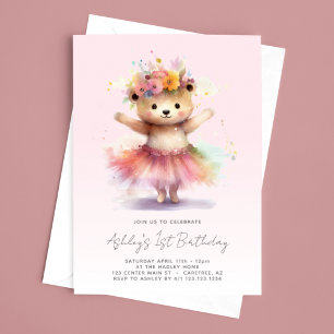 Invitation Ours en peluche Ballerine rose 1er anniversaire