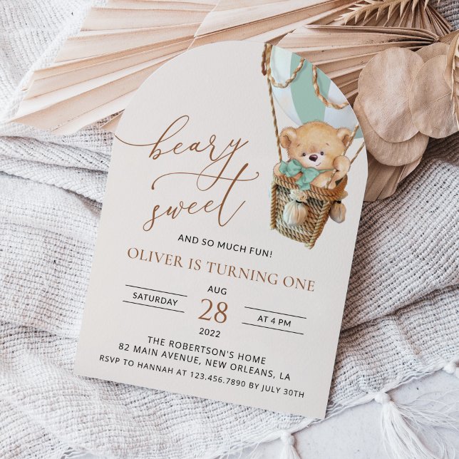 Invitation Ours en peluche, Ballon à air chaud vert, premier  (Créateur téléchargé)