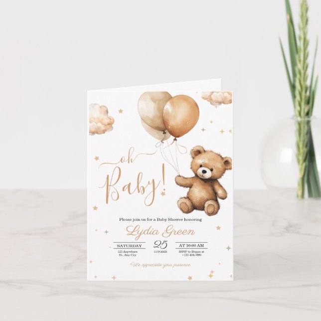 Invitation Ours en peluche Ballons baby shower neutre (Devant)