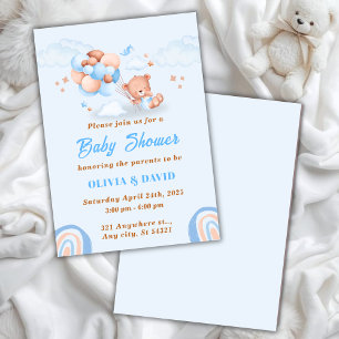 Invitation Ours en peluche , Ballons Bleus Et Marrons Baby Sh