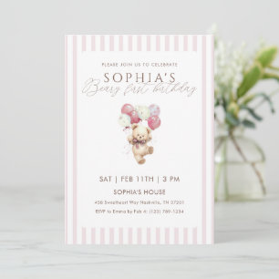Invitation Ours en peluche Ballons Roses 1er Anniversaire
